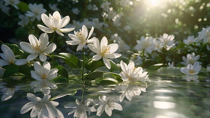 Blooming white flowers reflect on water, illuminated by sunlight, creating a serene and tranquil atmosphere in nature.
