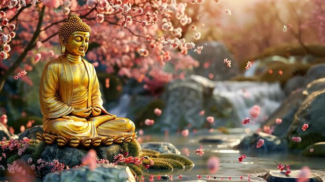 Golden buddha statue meditating amidst cherry blossoms in tranquil spring garden. concept of zen, serenity, peaceful atmosphere, spiritual meditation