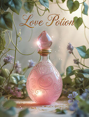 A decorative bottle labeled "Love Potion" surrounded by lush greenery and delicate flowers, creating a magical ambiance.