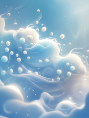 Dreamy blue background with swirling clouds and bubbles, evoking a sense of tranquility and fluidity.