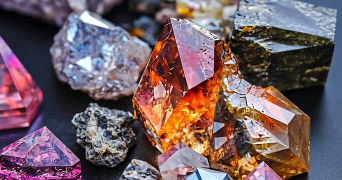 Close-up static shot of various colorful crystals and minerals, sparkling and shimmering in the light.
