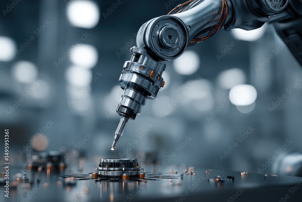 Poster advanced robotic arm performing precision work on a complex electronic circuit board, demonstrating 