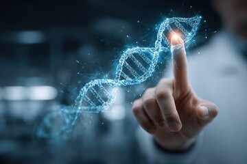 Man's hand touching a digital DNA strand, representing science, medicine, technology, genetics, and the advancement of medical research and technological innovation.