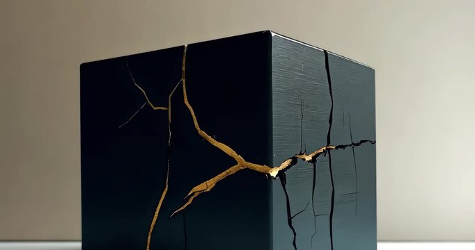 Close-up of a black cube with golden kintsugi cracks, rotating slowly on a table.