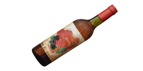 Red wine bottle with floral label, vintage look, cut out transparent