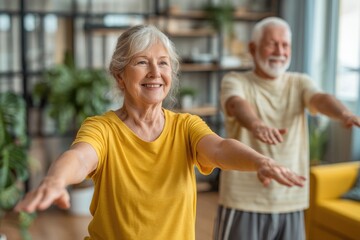 A happy senior couple enjoying a healthy lifestyle with regular exercises together, doing stretching and smiling in their living room, staying active at home.