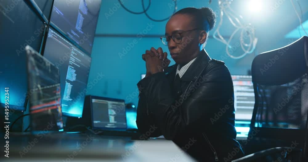 Poster Night, computer or black woman with cyber security, coding and malware error with software update. African person, programmer and employee in workplace, pc or evening with hacker and IT technician
