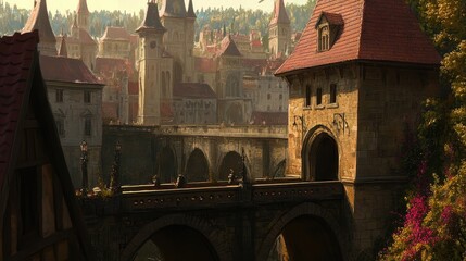 Medieval fantasy city scape with old stone bridge.