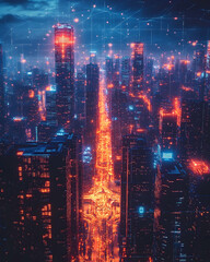 Fototapeta premium Futuristic city skyline at night with glowing neon lights.