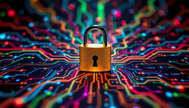 Golden padlock on vibrant circuit board background symbolizing digital security and data protection concepts - Powered by Adobe
