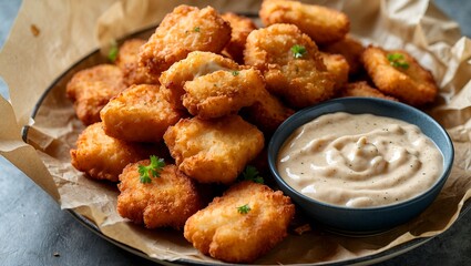 Golden fried catfish nuggets with creamy remoulade sauce