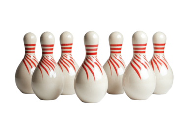 Row of bowling pins are lined up in a row