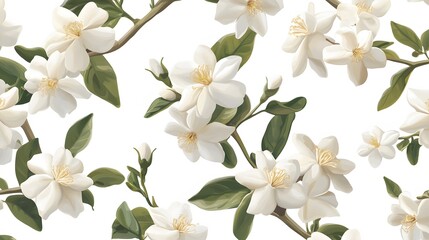 Fototapeta premium Delicate white floral pattern design with detailed leaves and blossoms.