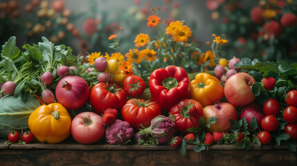 Wooden table adorned with an assortment of natural foods and produce