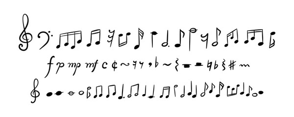 Set if hand drawn doodle music notes, signs and symbols. Handwritten crayon scribble icon set. Treble and bass clef, music sheet keys, half, whole, quarter note and rest. Classic tune melody