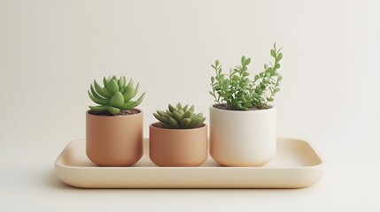 Obraz premium Three small potted plants on a light wooden tray.