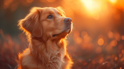 a golden retriever dog is looking up at the sun