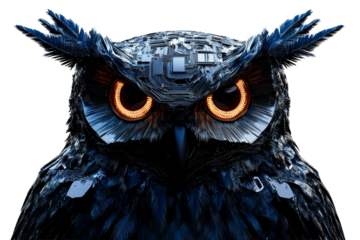 Futuristic Owl with Circuitry and Glowing Eyes, cut out transparent