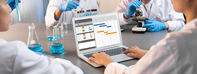 Project planning software for brisk business project management on the computer screen showing...