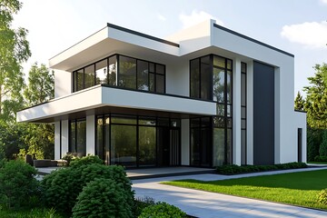 Fototapeta premium Stunning modern house with clean lines, white exterior, black window frames, and a wooden roof overhang, surrounded by lush landscaping