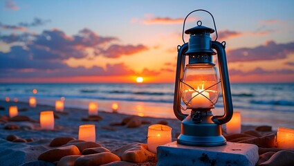 Lantern lamp illuminating a beautiful beach sunset