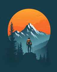 A hiker stands atop a mountain peak, gazing at a sunrise.