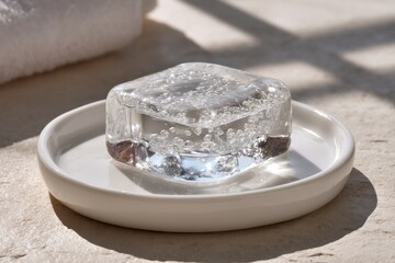 A captivating close-up of an ice cube with many bubbles, sitting on a white ceramic plate, illuminated by natural sunlight, creating shadows and texture on a bright day.