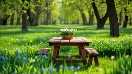 Lush green spring meadow with rustic wooden table