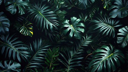 Lush greenery in a dark tropical jungle background