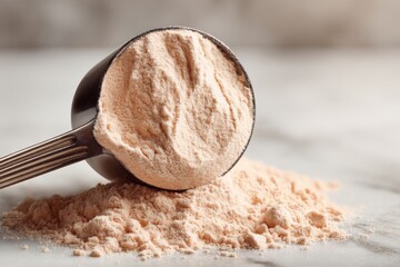A close-up shot captures a black scoop filled with light-colored protein powder, spilling onto a marble surface, ready for making a healthy and nutritious shake.