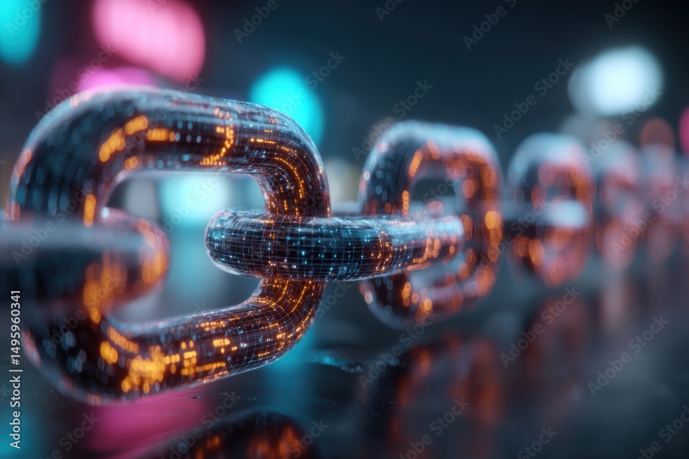 Poster a visually stunning digital chain composed of glowing nodes representing secure data connections, il