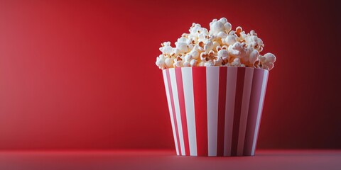 Freshly popped popcorn in a classic striped container against a vibrant red background