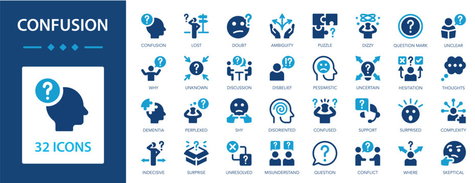 Confusion flat icons collection. Conflict, hesitation, uncertain, doubt, lost, disoriented, shy, dizzy, confused, thoughts, skeptical sign set.