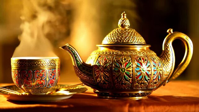 Ornate golden teapot with steaming tea cup on a golden plate, vintage design and arabesque decorations.