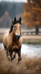 Obraz premium Majestic horse running through golden grass by a serene river in a tranquil autumn landscape