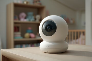 Close-up of a modern white baby monitor camera on a wooden table, offering a secure and technological approach to parental care and child safety in a nursery environment.