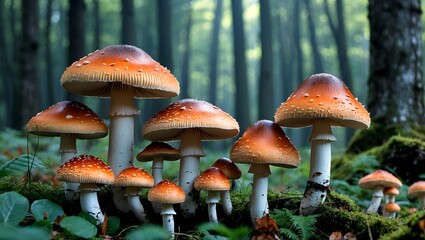 Fototapeta premium Mushrooms thriving in a lush forest setting