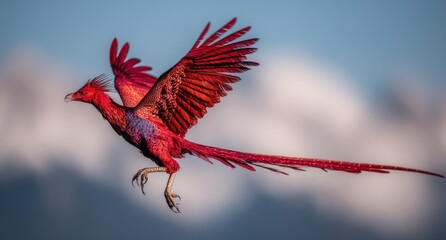 Obraz premium The image features a black dragon in flight against the backdrop of a golden sunset over a mountain, created using photo manipulation and 3d rendering techniques