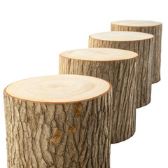Four wooden tree stump stools isolated on transparent background