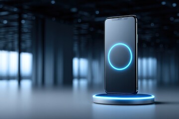 A modern smartphone is presented on a futuristic charging pad, showcasing technological innovation and design, with sleek lines and blue neon accents, emphasizing connectivity.