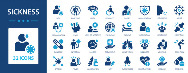 Fototapeta premium Sickness flat icons collection. Infection, sick, virus, medicine, symptoms, pain, fever, injury, patient, illness sign set.