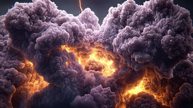 Dramatic Explosion of Colorful Smoke Clouds with Fiery Glow Illuminating Dark Background