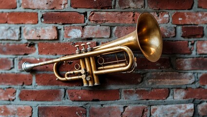 Fototapeta premium Old trumpet leaning against warm brick wall