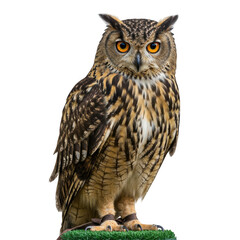 Naklejka premium Majestic eagle owl perched, isolated on transparent background
