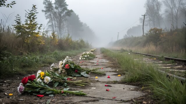 Blumen auf einem verlassenen Bahngleis in nebliger Umgebung  