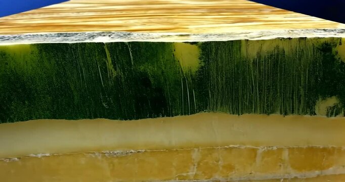 Close-up of a raw onyx block showcasing its layered structure and yellow-green hues.
