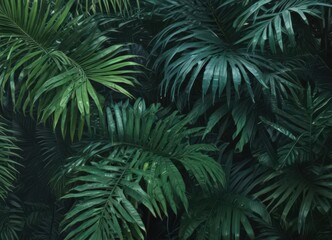 Intricate palm fronds, vibrant emerald & sapphire hues , details, green