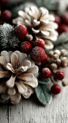 Beautiful arrangement of winter decorations featuring pine cones, red berries, and greenery on rustic wooden surface