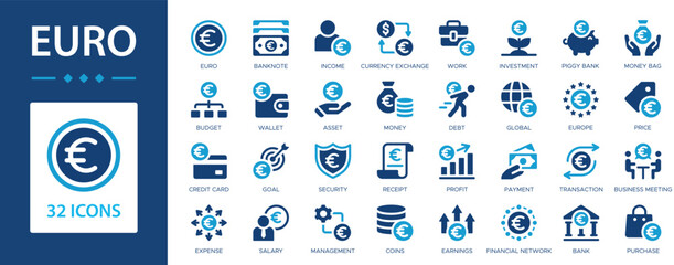 Euro flat icons collection. Banknote, income, budget, wallet, asset, money, coins, credit card, investment, financial network, payment, business sign set. © Jan