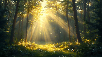 Obraz premium Sunlight streams through a tranquil forest.